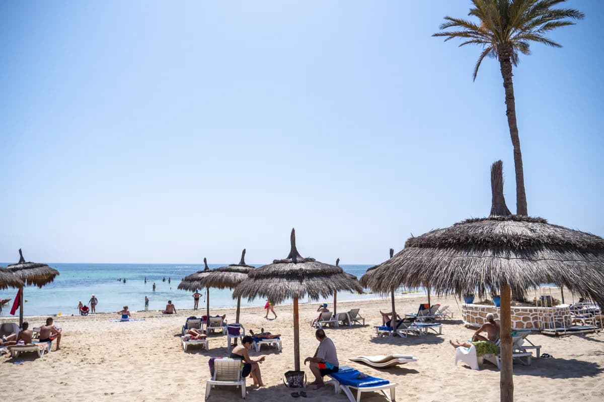 Piaszczysta plaża hotelu El Mouradi Djerba Menzel z parasolami krytymi strzechą, leżakami i wysoką palmą, w tle turkusowe morze i kąpiący się ludzie