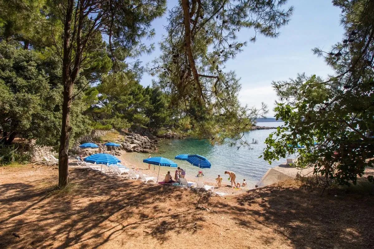 Mała plaża przy hotelu Manora na wyspie Lošinj: niebieskie parasole i leżaki w cieniu sosen, rodziny z dziećmi nad przejrzystą wodą
