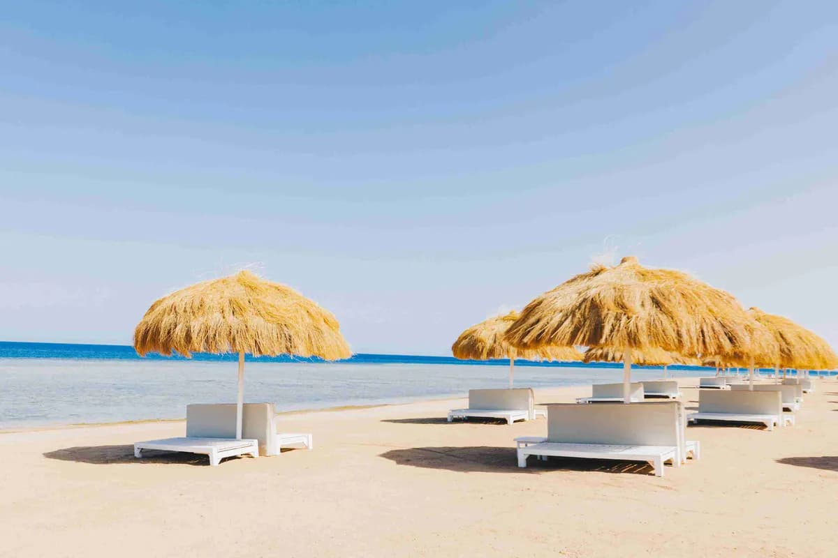 Plaża hotelu Reef Oasis Suakin w regionie Marsa Alam w pełnym słońcu: białe leżanki w cieniu parasoli ze słomy, w tle Morze Czerwone i bezchmurne niebo